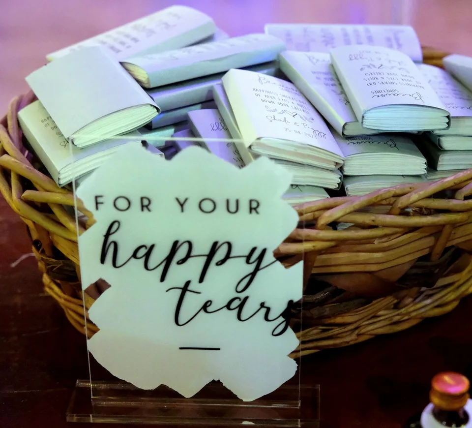 Basket of personalised tissue packs with a For Your Happy Tears sign