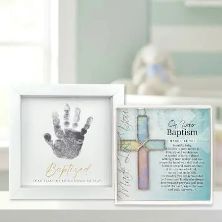 Inspiration: baptism keepsake frames with a handprint and a stained glass cross