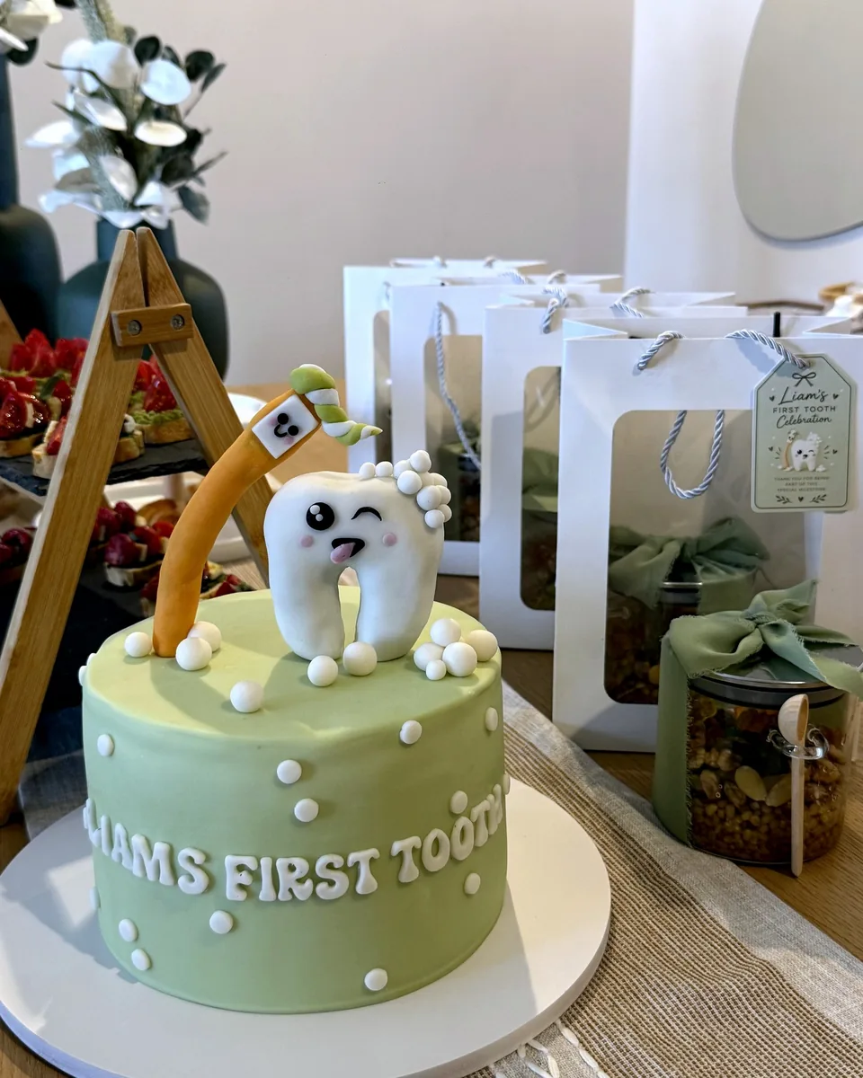 Green First Tooth cake with a smiling tooth topper
